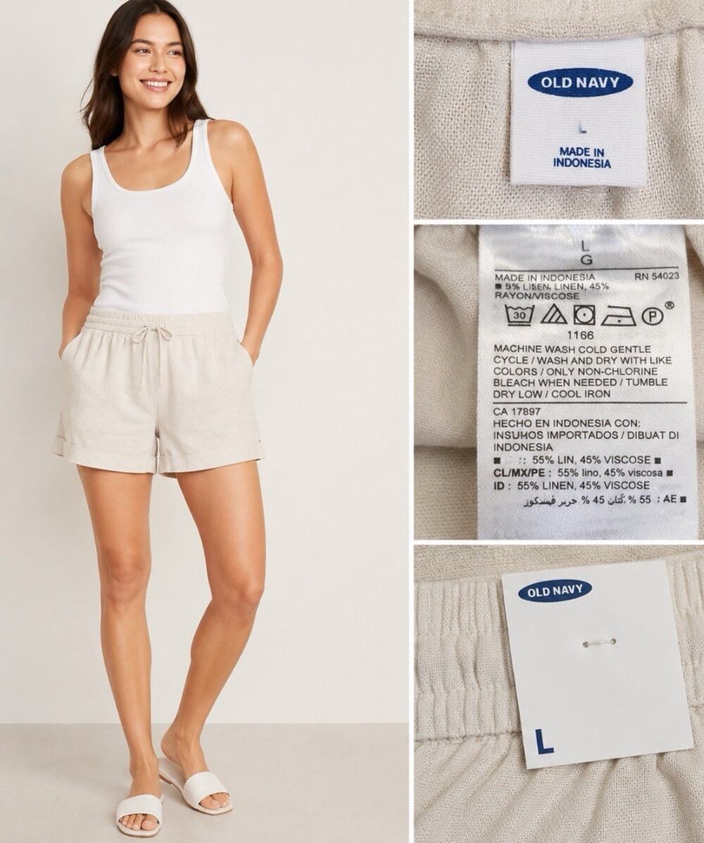 NWT Beachy Coastal Old Navy Linen Blend Shorts Size L Beige Pull On Drawstring